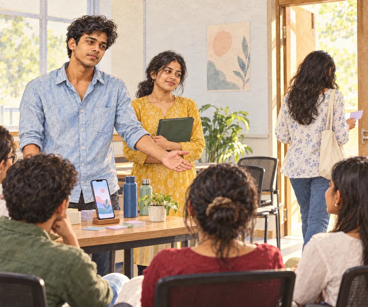 Illustration: Aritra stands in a bright room and gestures toward a phone on the table while a woman in a yellow kurta and others look on
