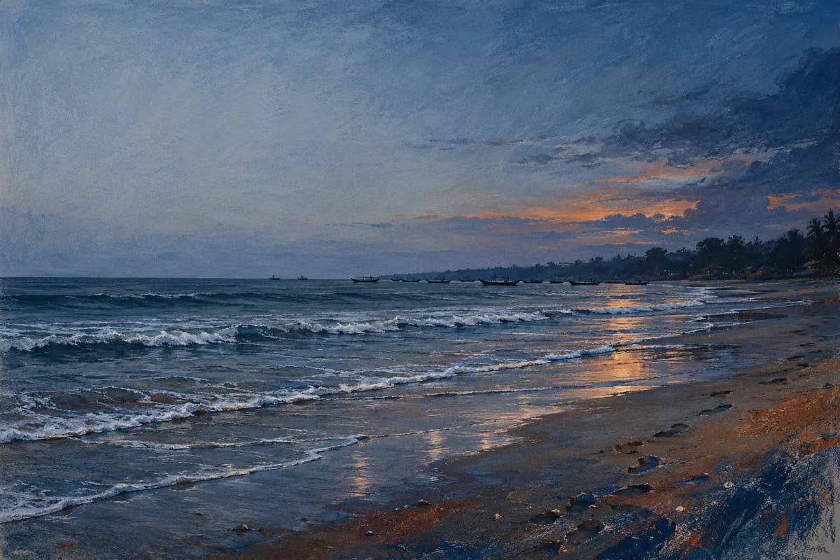 Illustration: waves roll onto an empty beach under a darkening blue sky with a last band of orange light on the horizon