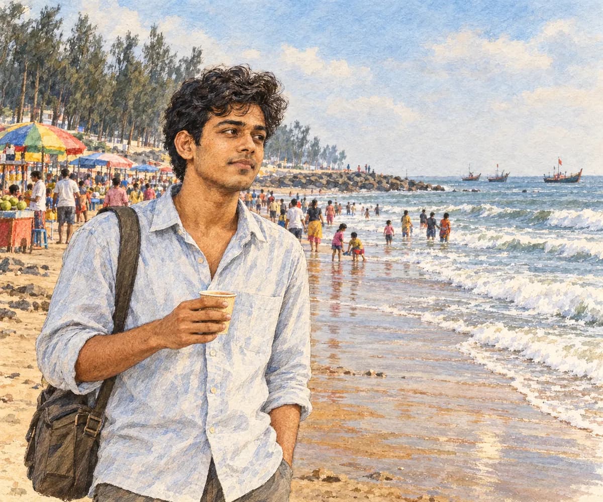 Illustration: Aritra stands on a busy Digha beach holding a cup of tea, a bag over his shoulder, with waves and colourful umbrellas behind him