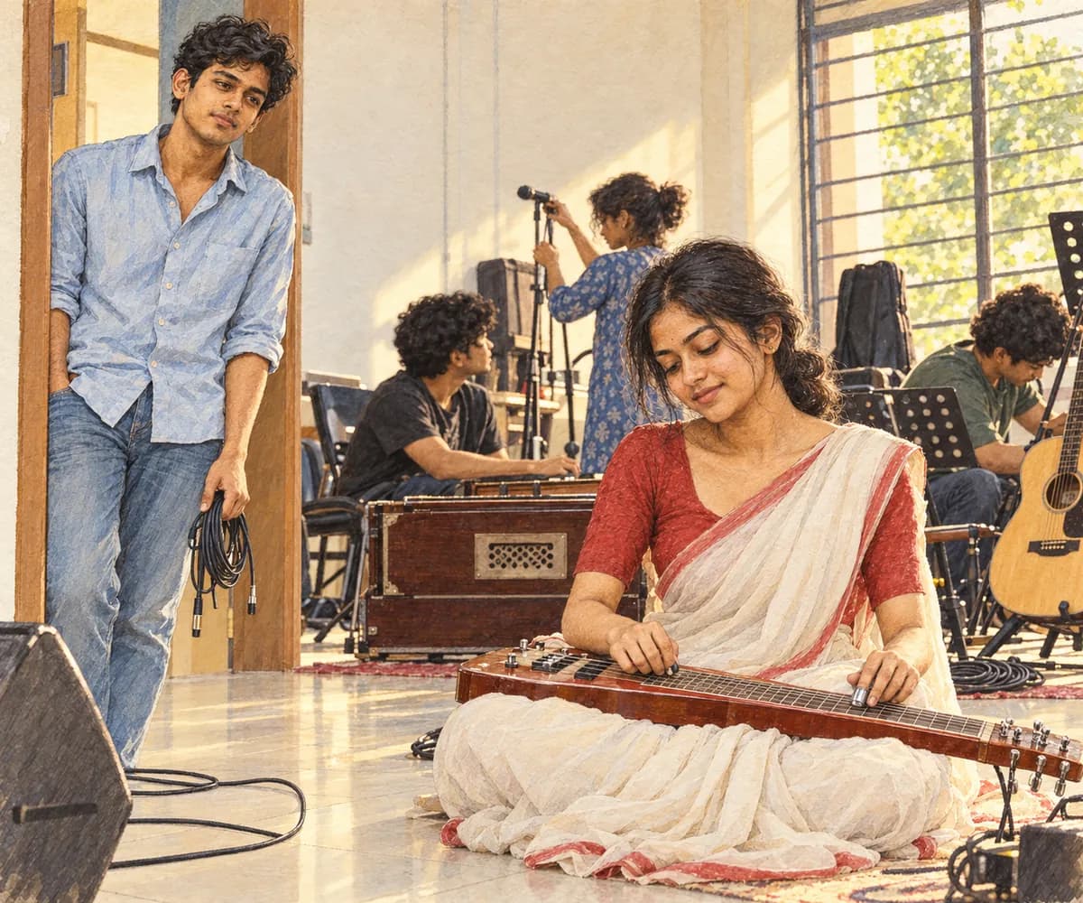 Illustration: a young woman in a white sari with a red blouse plays a Hawaiian guitar on the floor of a rehearsal hall while Aritra leans in the doorway and musicians work behind her