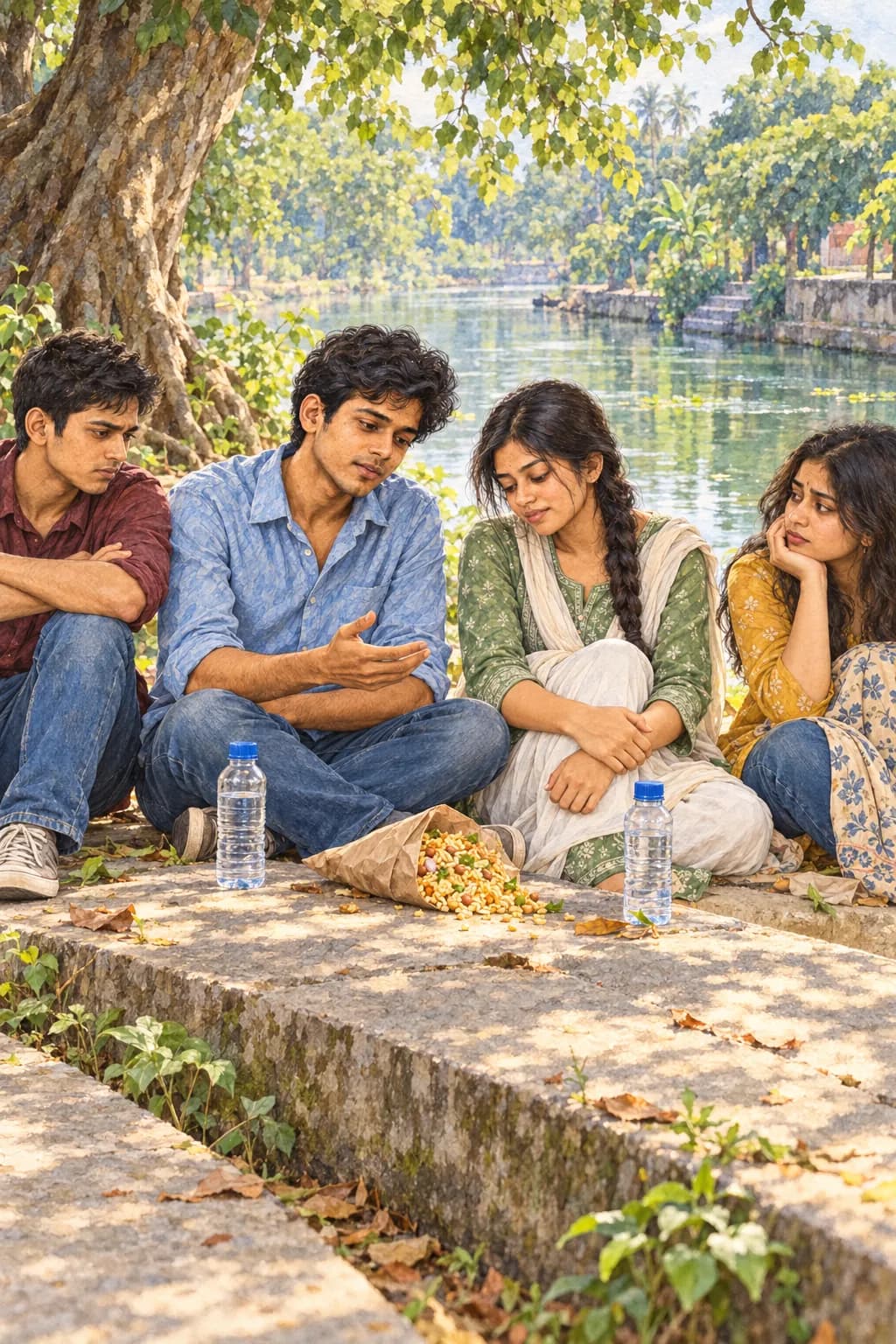 Illustration: four college friends sit together on a stone ledge under a tree beside calm water