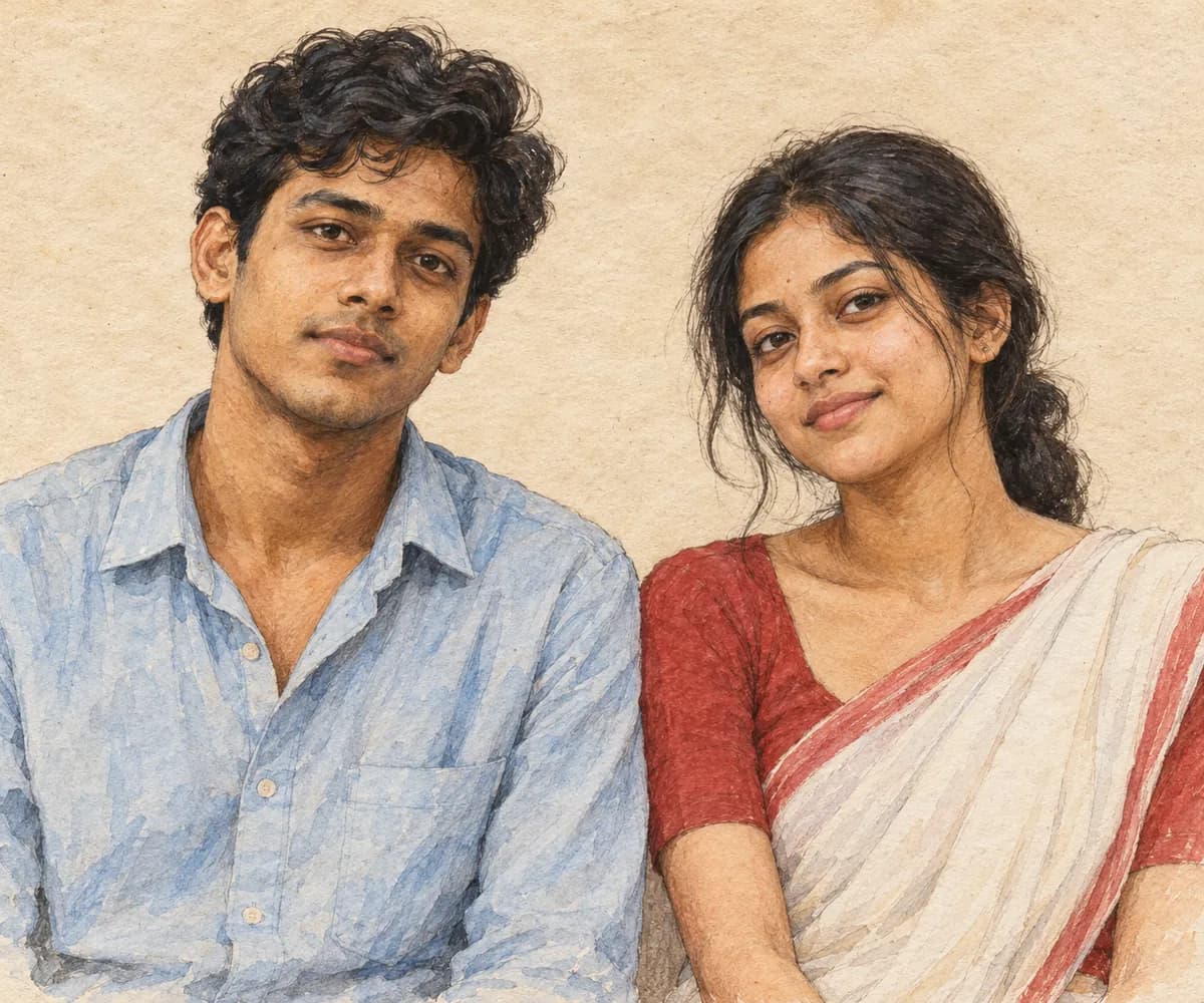 Illustration: a portrait of a young man in a pale blue shirt and a young woman in a red-bordered white sari, side by side