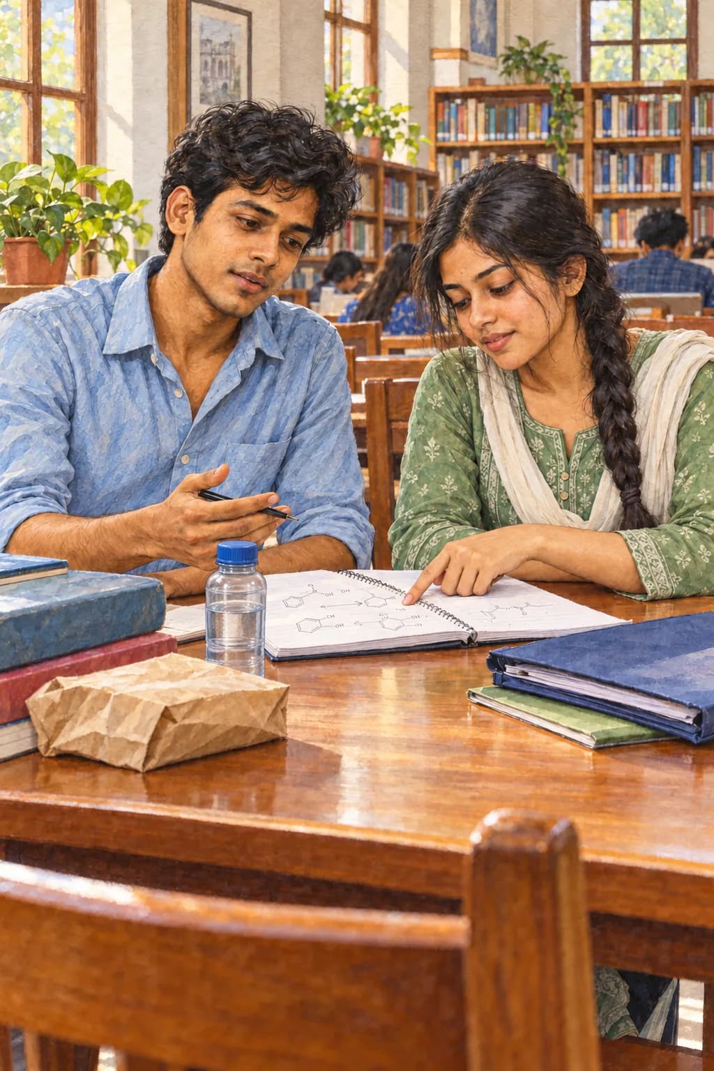 Illustration: Aritra and a young woman with a braid study together at a wooden library table, notebooks open between them