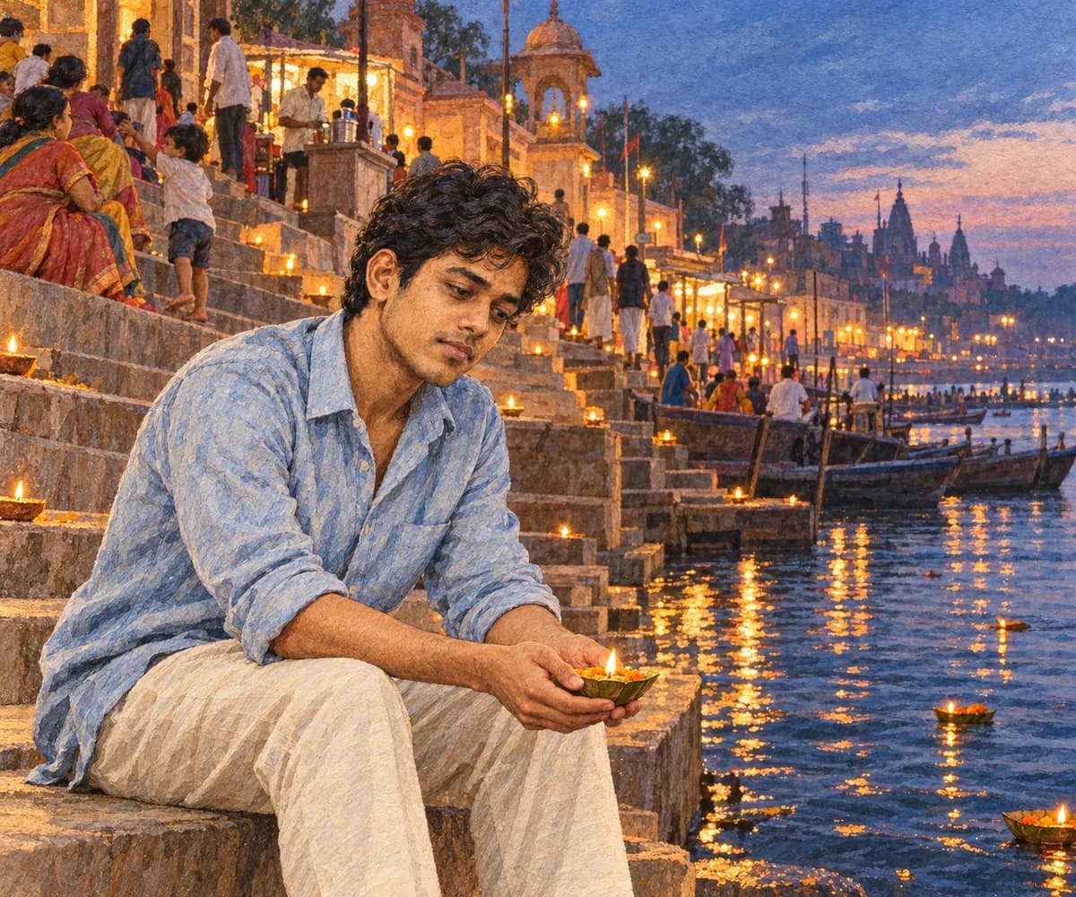 Illustration: Aritra sits on the stone steps of a ghat at dusk holding a small oil lamp while lamps glow along the river