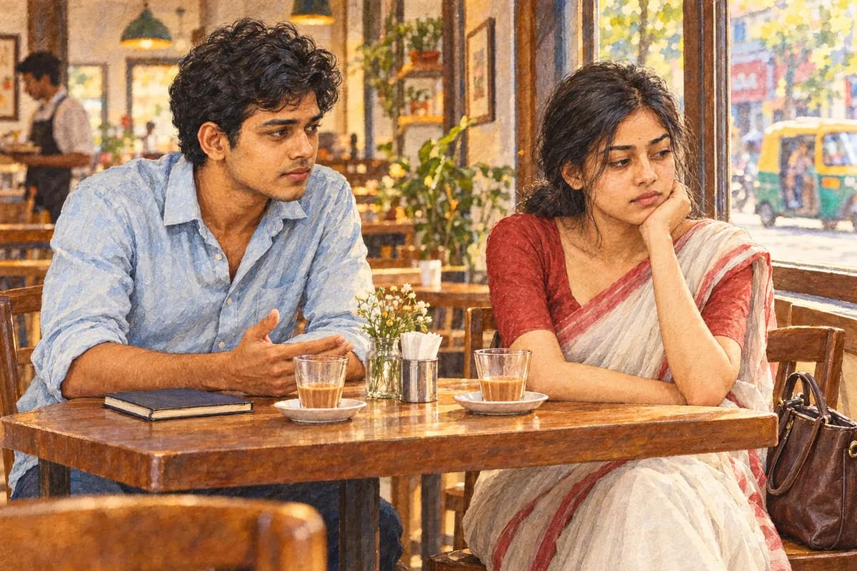 Illustration: Aritra and a young woman in a red-bordered sari sit across a café table with two glasses of tea, her chin resting on her hand