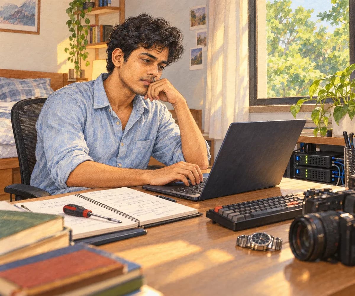 Illustration: Aritra works at a laptop on a desk beside a camera, a notebook and a small server rack, a window open behind him
