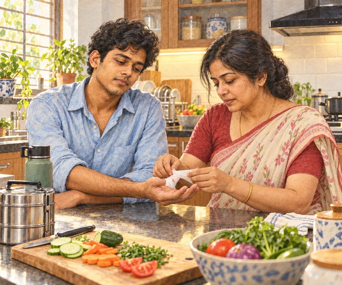 Illustration: in a bright kitchen, Aritra's mother tends a small cut on his hand beside a board of chopped vegetables