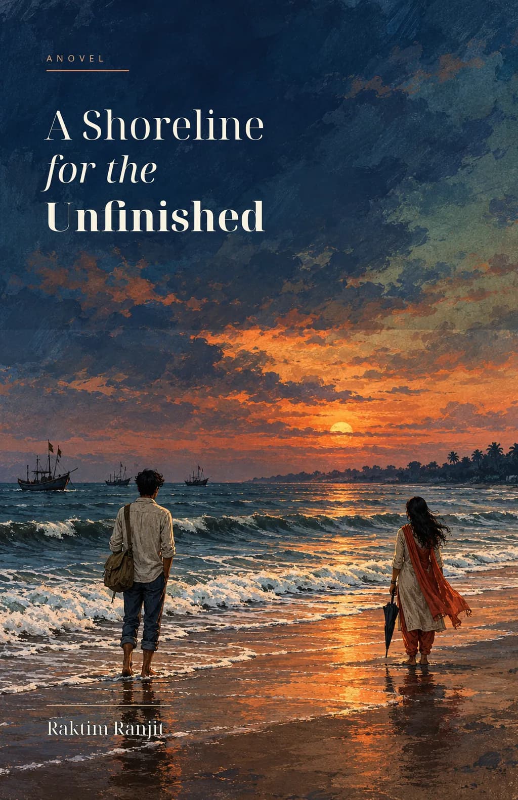A Shoreline for the Unfinished, a novel by Raktim Ranjit: a young man and a woman with a closed umbrella walk barefoot along a wet beach toward a glowing orange sunset