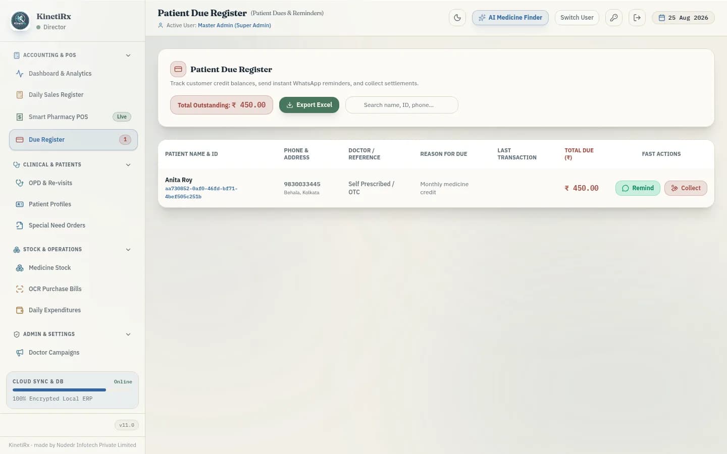 KinetiRx due-khata credit ledger with outstanding dues and reminders