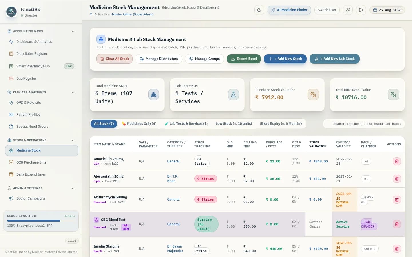 KinetiRx medicine inventory with batch, expiry and rack location
