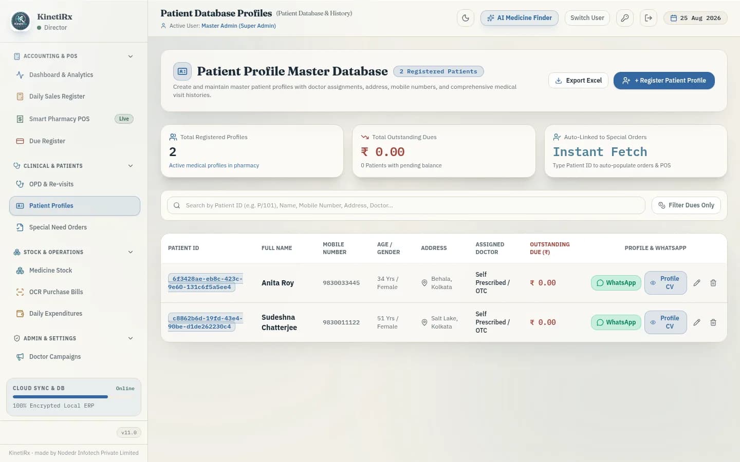 KinetiRx patient records with visit history, dues and doctor assignment