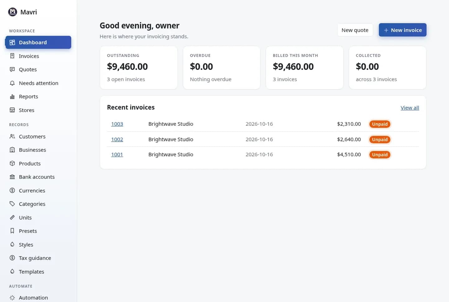Mavri dashboard showing billed, paid, overdue and outstanding amounts