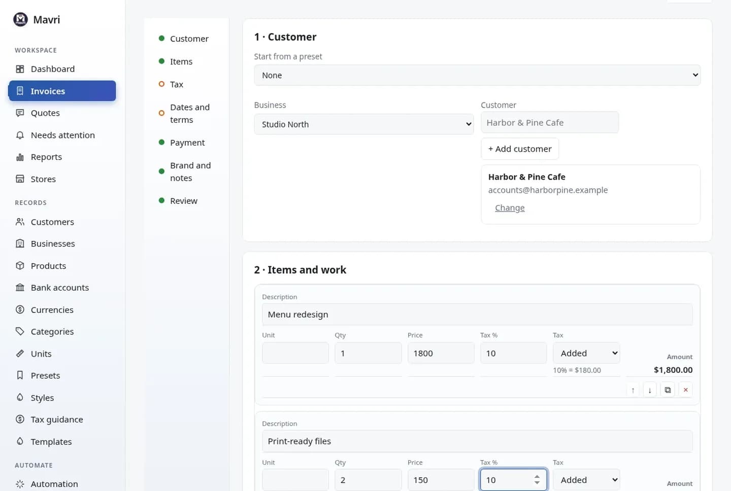 Mavri invoice editor with line items, taxes and payment details