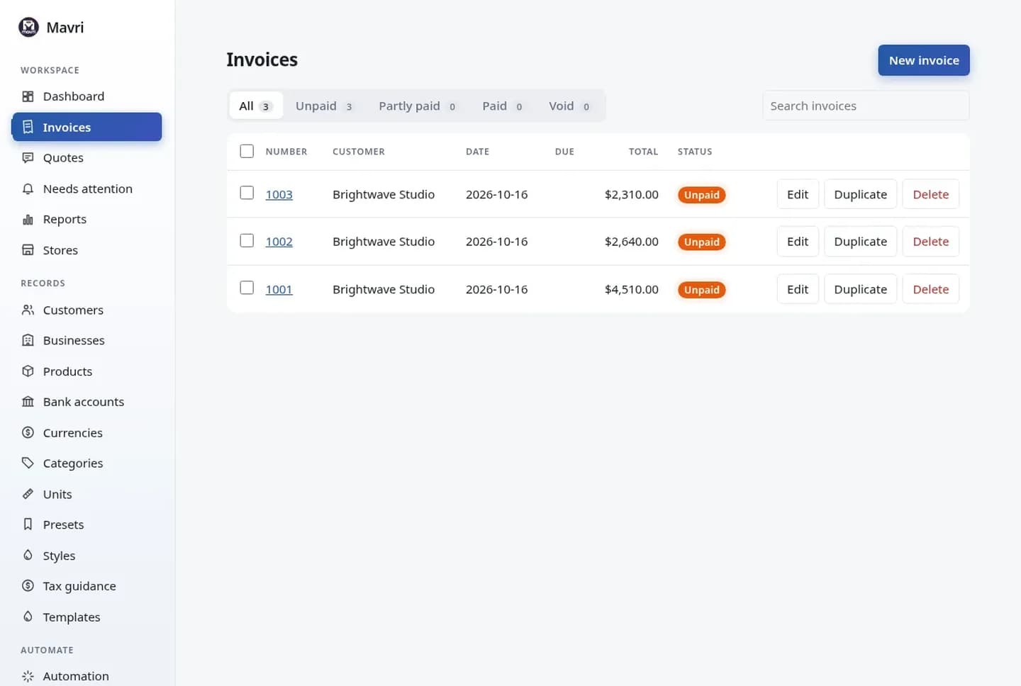 Mavri invoice list with document status