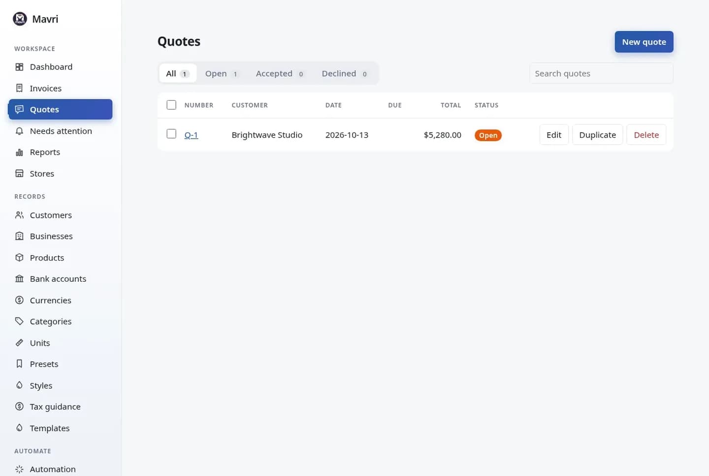 Mavri quotes list where an accepted quote converts to an invoice