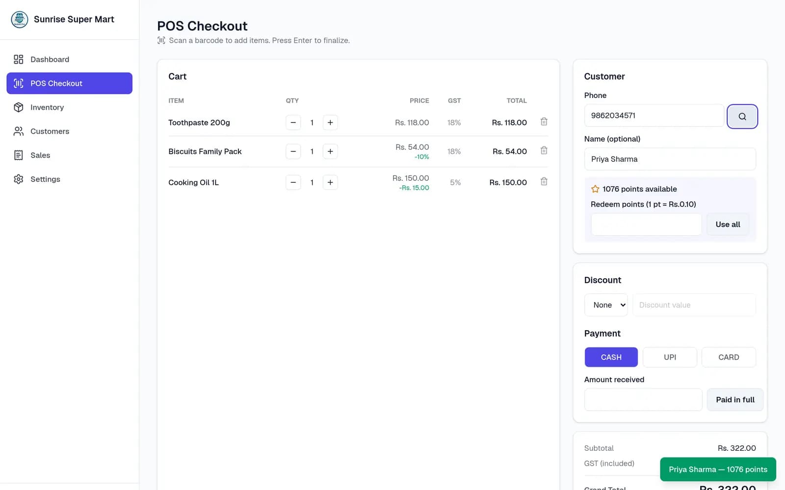 NodeDR POS checkout with cart, GST breakup, loyalty points and payment options