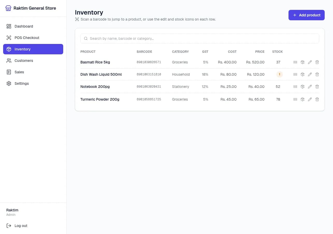 NodeDR POS inventory list with barcode, GST rate, cost, price and stock