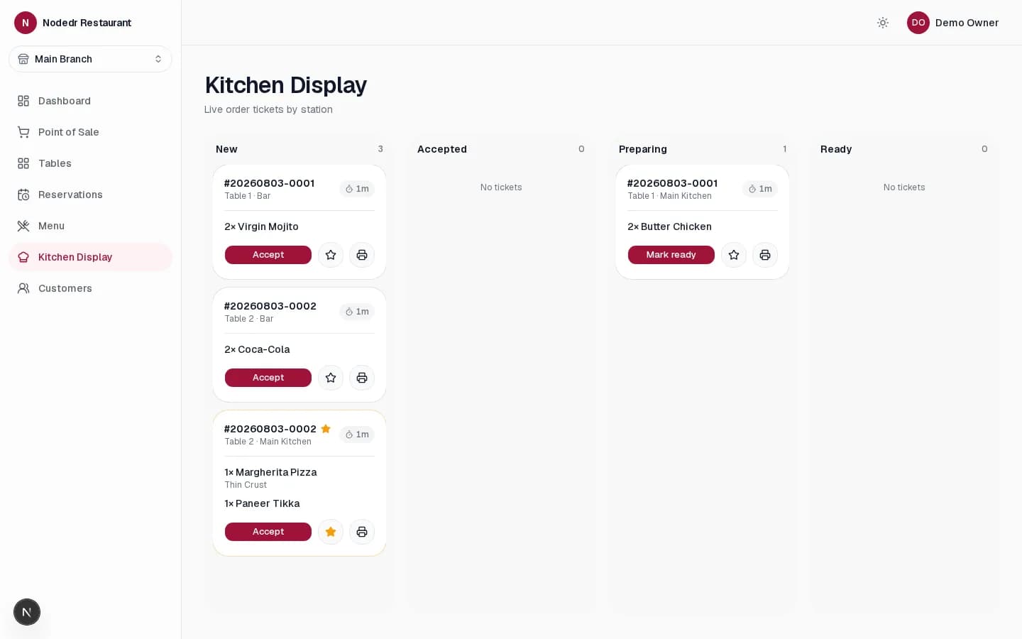 OrderRestro kitchen display split by station with incoming orders