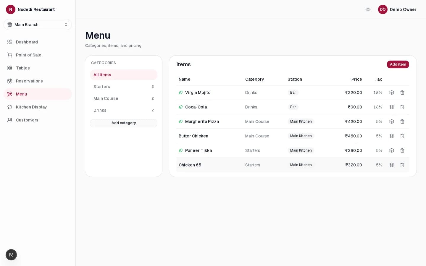 OrderRestro menu management screen