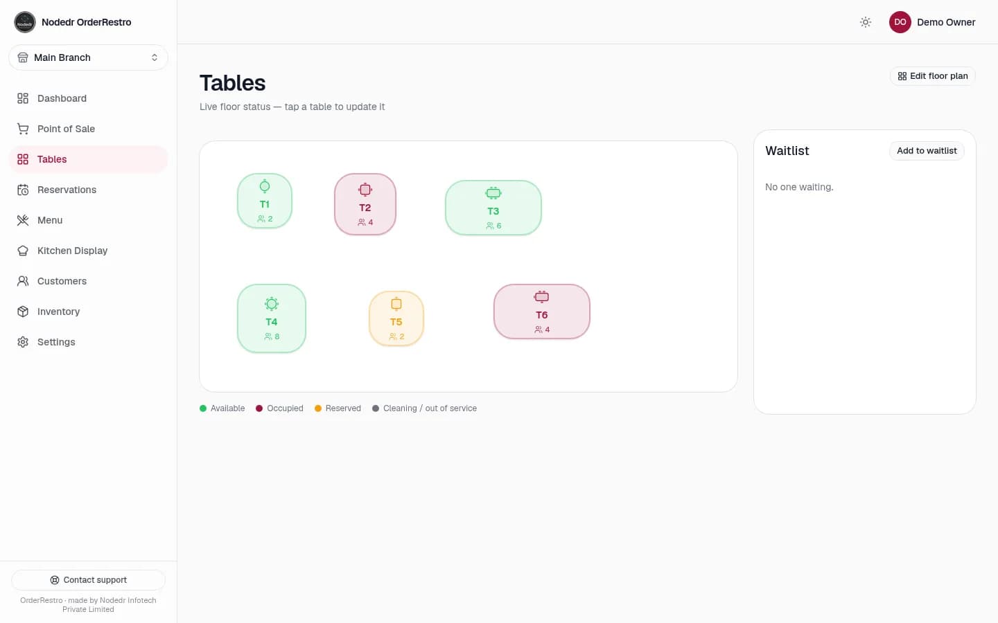 OrderRestro table management showing floor status