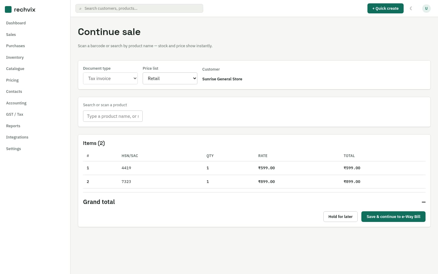Rechvix billing screen with product search and live stock and price