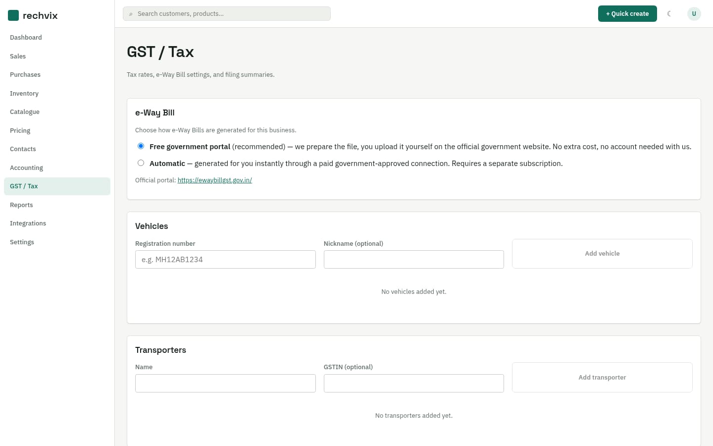Rechvix GST e-Invoice and e-Way Bill screen