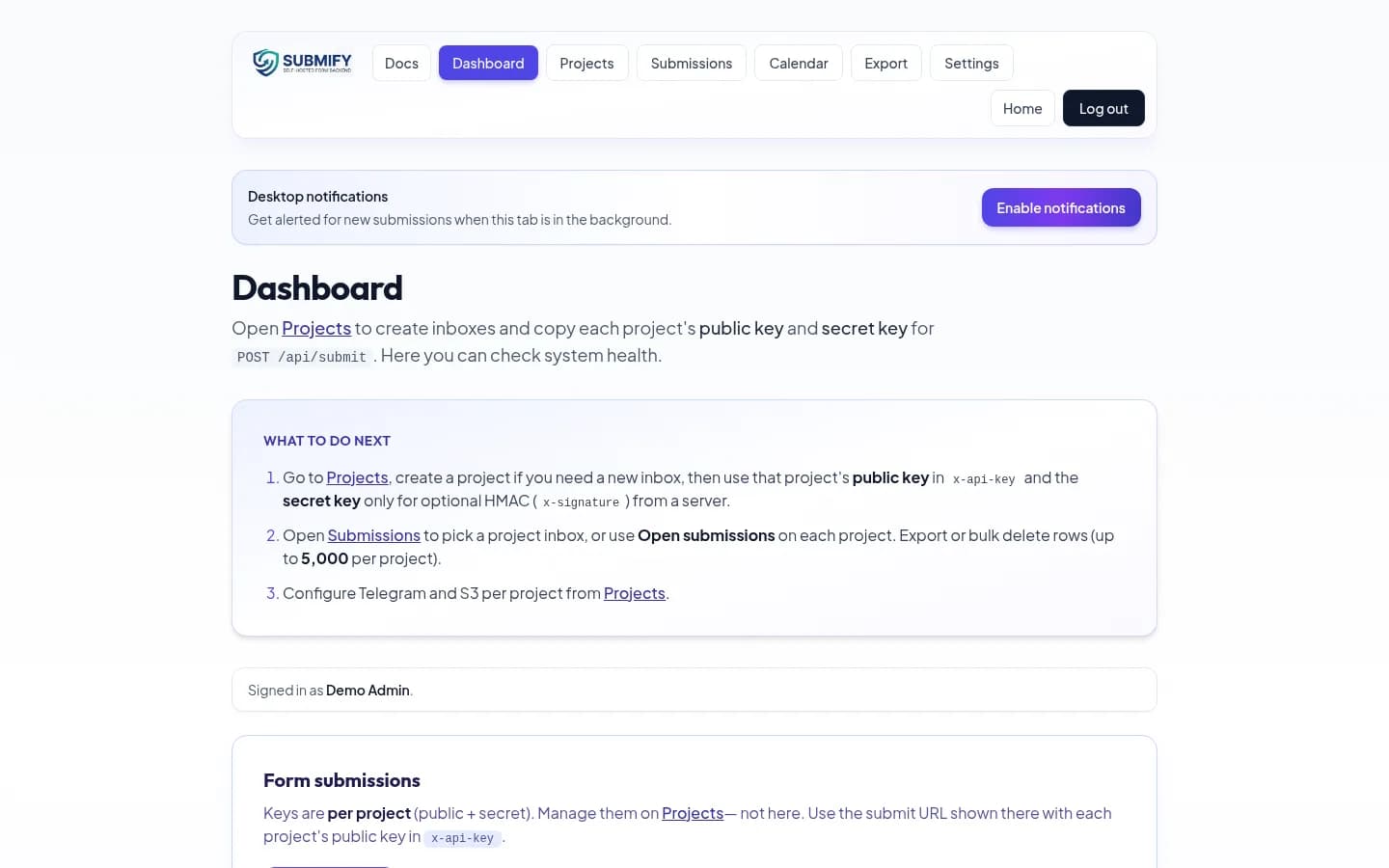 Submify submissions dashboard for developer-owned forms