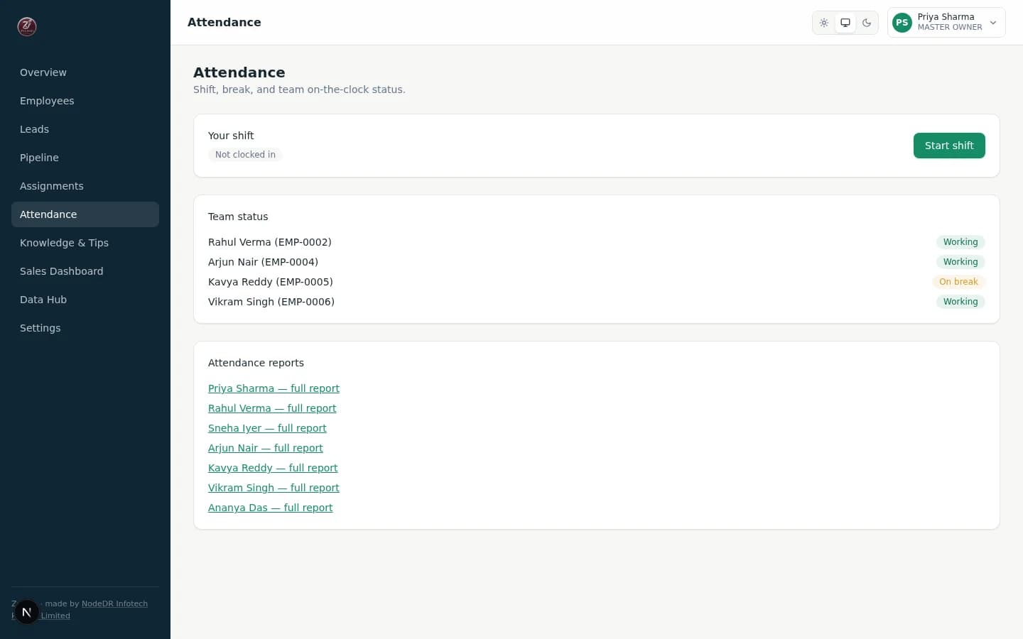Zulivio attendance shift and break tracking