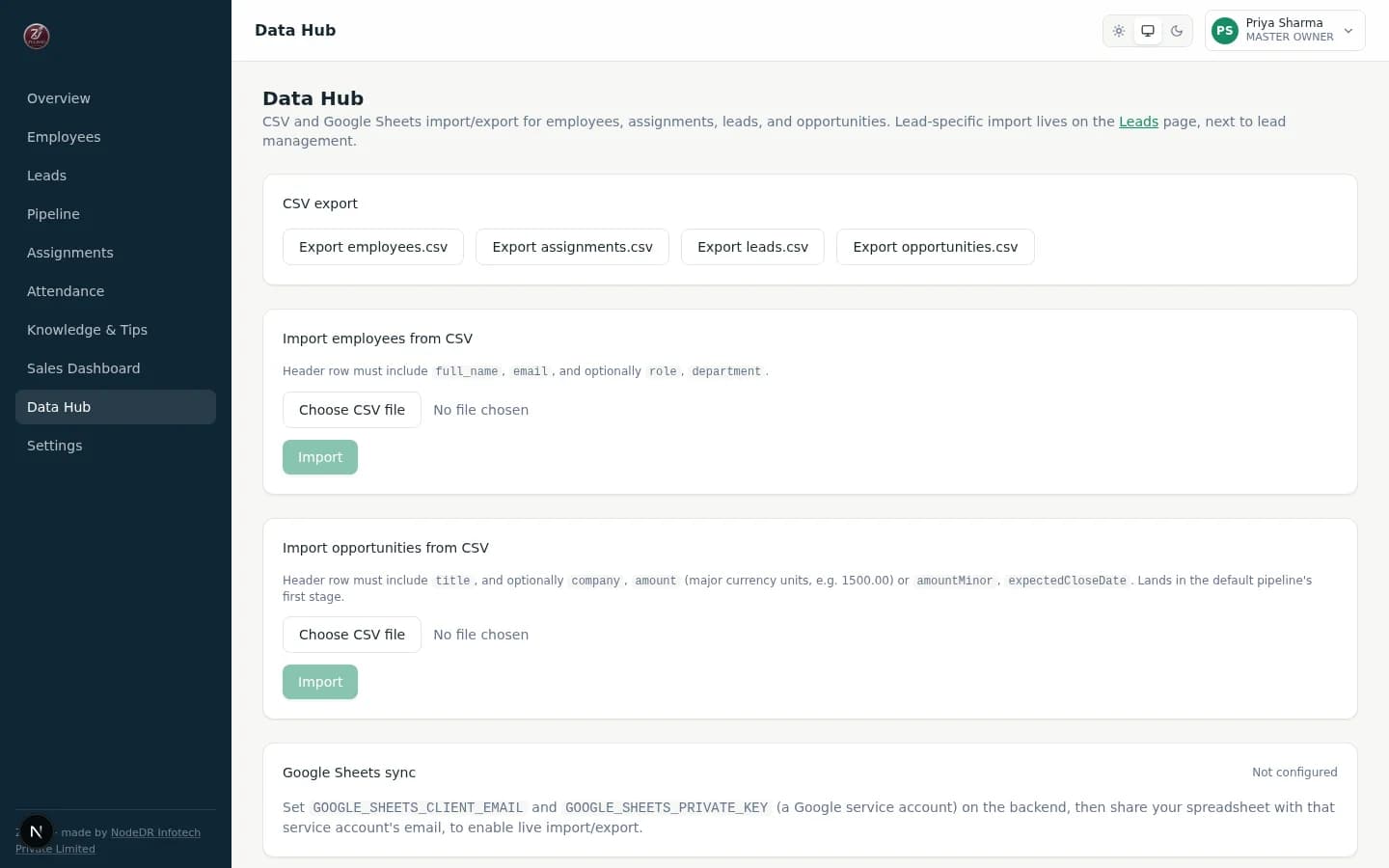 Zulivio data hub with CSV and Google Sheets import and export